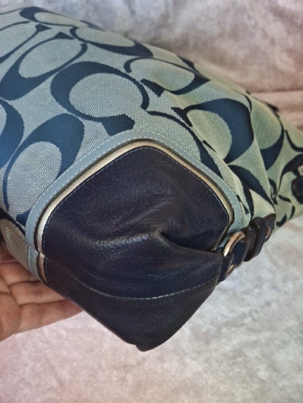 EUC COACH ASHLEY DENIM BLUE Jacquard Navy Trim Large Bag - Picture 6 of 9